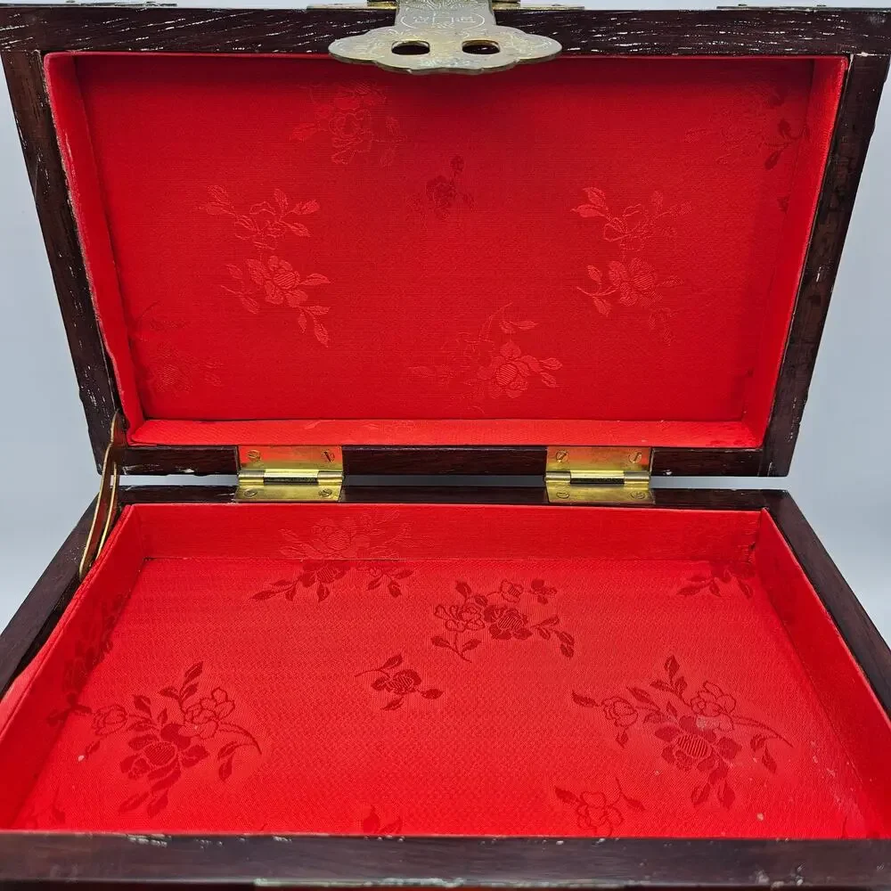 CHINESE STYLE WOODEN JEWELRY BOX W KEY BRASS LOCK RED LINED ORGANIZER